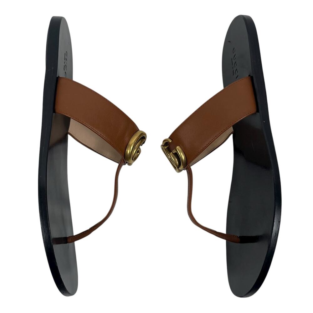 Gucci Leather Thong Sandals Gold Double G Logo Orange Brown Size 37 - Picture 6 of 11
